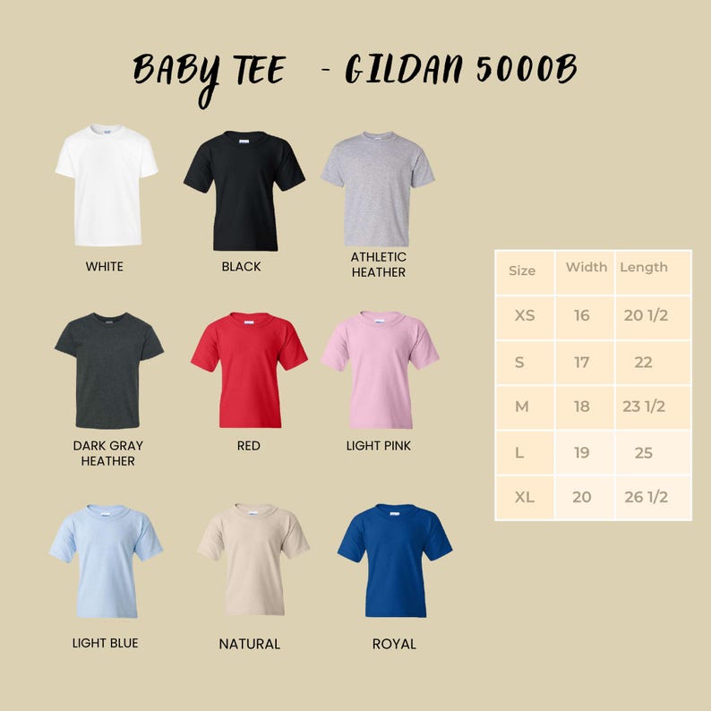 Op de afbeelding: Een selectie van Gildan 5000B baby-T-shirts in diverse kleuren, waaronder wit, zwart en rood. De afbeelding bevat een maattabel met afmetingen in inches, wat ongeveer 40.6cm, 43.2cm, 45.7cm, 48.3cm en 50.8cm breedte en 52.1cm, 55.9cm, 59.7cm, 63.5cm en 67.3cm lengte is. De tekst luidt "BABY TEE - GILDAN 5000B".