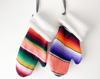 Serape Mitten Stocking With Faux Sherpa cuff- salmon, rust and purple stripes