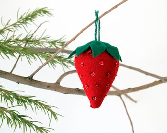 Vintage Style Kitsch Sequined and Beaded Felt Strawberry Christmas Ornament