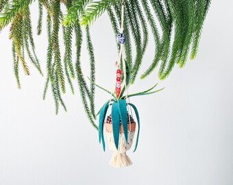 Modern Beaded Bromeliad House Plant Christmas Ornament with faux macramé hanger