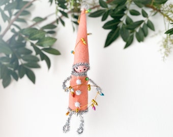 Handmade Vintage Style Peach pink and silver Elf Christmas Ornament with Christmas Lights