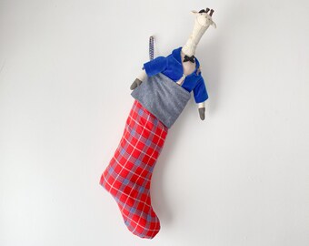 Retro Modern Chambray and Plaid Stocking in denim blue and tomato red