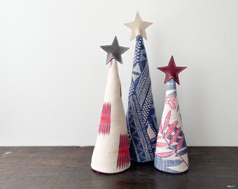 Mixed Pattern Table Top Trees- Set of 3 Stuffed Christmas Trees- Blues and Pinks