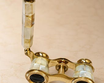 Brass Opera Glasses with Mother of Pearl | Vintage Opera Glasses Antique Brass Binocular Mother of Pearl Theater Binoculars with Leather Box