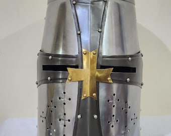 Medieval Crusader Great Helm – Steel Knight Templar Helmet with Brass Cross for LARP, Cosplay & Medieval Collectors