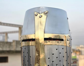Handmade Medieval Crusader Great Helm Helmet |Steel Knight Helmet with Brass Cross | Templar Crusader Armor Replica Cosplay Reenactment Gift