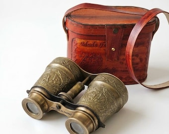 Engraved Brass Opera Binoculars with Leather Case | Victorian Theater Glasses