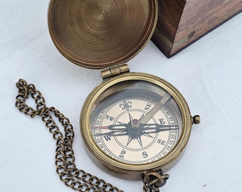 Handmade Brass Pocket Compass with Chain | Vintage Nautical Navigation Tool (2 Inch)