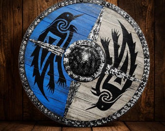 Raven Valhalla Viking Shield, Handmade Wooden Norse Round Shield, Eivor Ragnar Battle Shield, Viking Wall Decor, LARP Cosplay Prop