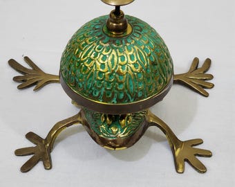 Brass Frog Desk Bell, Hand Enameled Service Bell, Vintage Hotel Reception Bell, Decorative Tabletop Bell, Unique Gift