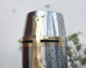 Handmade Steel Crusader Helm with Brass Cross | Medieval Knight Armor Replica