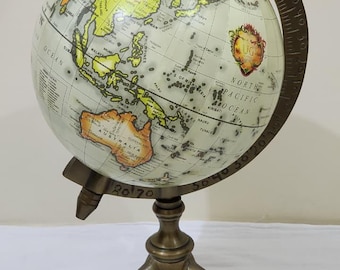 Desktop Globe with Brass Tripod Stand, Rotating World Globe Decor, Antique Style Terrestrial Globe for Office,Study Table, & Home Decoration