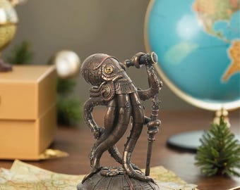 Steampunk Octopus Statue  Vintage Nautical Octopus with Telescope, Marine Animal Sculpture for Home & Office Decor