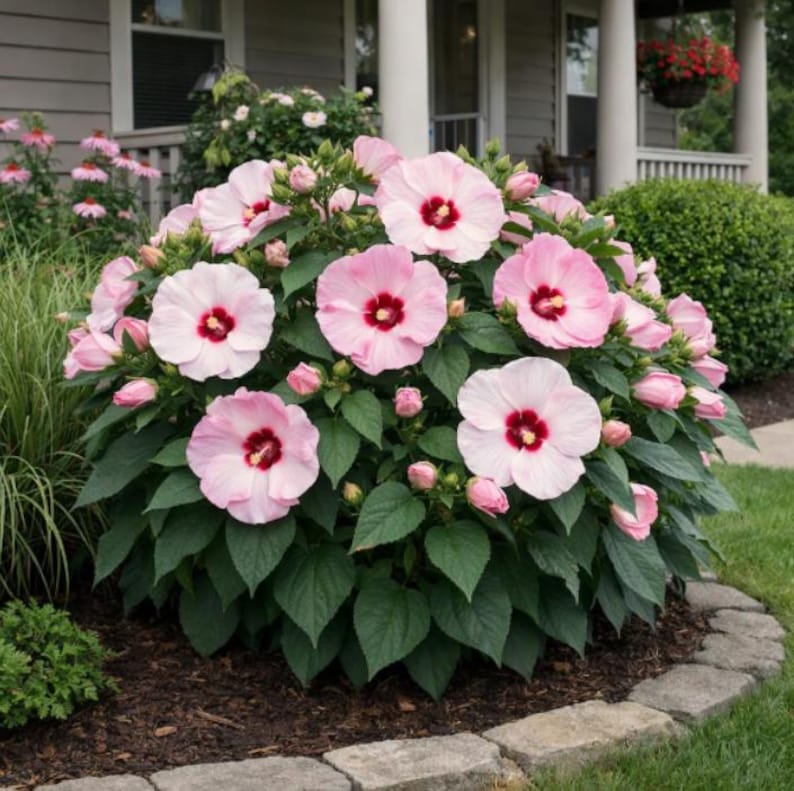 K&ouml;nnte beinhalten: Ein &uuml;ppiger Strauch mit rosa Hibiskusbl&uuml;ten mit tiefroten Zentren. Die Bl&uuml;ten stehen in voller Bl&uuml;te, umgeben von gr&uuml;nen Bl&auml;ttern und unge&ouml;ffneten Knospen. Die Pflanze steht in einem Gartenbeet mit Steinumrandung und bildet eine wundersch&ouml;ne Blumenausstellung.