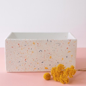 Può includere: Una fioriera rettangolare con un esterno screziato bianco sporco. La fioriera ha un interno di colore chiaro e poggia su una superficie rosa. Un rametto di fiori secchi gialli è appoggiato accanto alla fioriera.