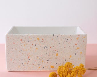 Terrazzo Planter Rectangular Pink & Ocher - Minimalist Design Flower Pot - Handmade Cache-Pot L19cm