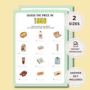 Puede incluir: Un juego imprimible titulado "Adivina el precio en 1956". El juego presenta ilustraciones de artículos de comestibles antiguos como pan, leche y huevos. Incluye el texto "¿Puedes adivinar los precios de 1956? ¡Acércate sin pasarte y gana!" y "2 tamaños."