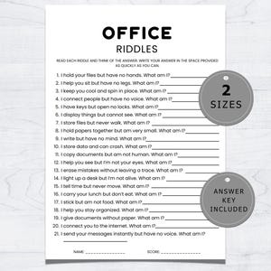 May include: A white sheet of paper featuring the title "OFFICE RIDDLES" in black. The sheet contains 21 riddles with answer spaces. Two grey circles with text "2 SIZES" and "ANSWER KEY INCLUDED" are also visible.