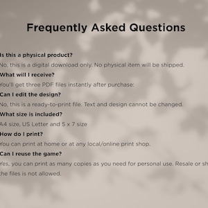 May include: A digital download image with the title "Frequently Asked Questions" in black text. The image lists common questions and answers about the product, including file format, size, and usage rights.