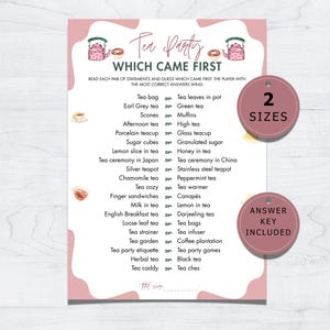 Juego de té: ¿Qué fue primero?, Juego de fiesta para adultos para mujeres y niñas, Divertido desafío para la hora del té, Actividad para la hora del té.