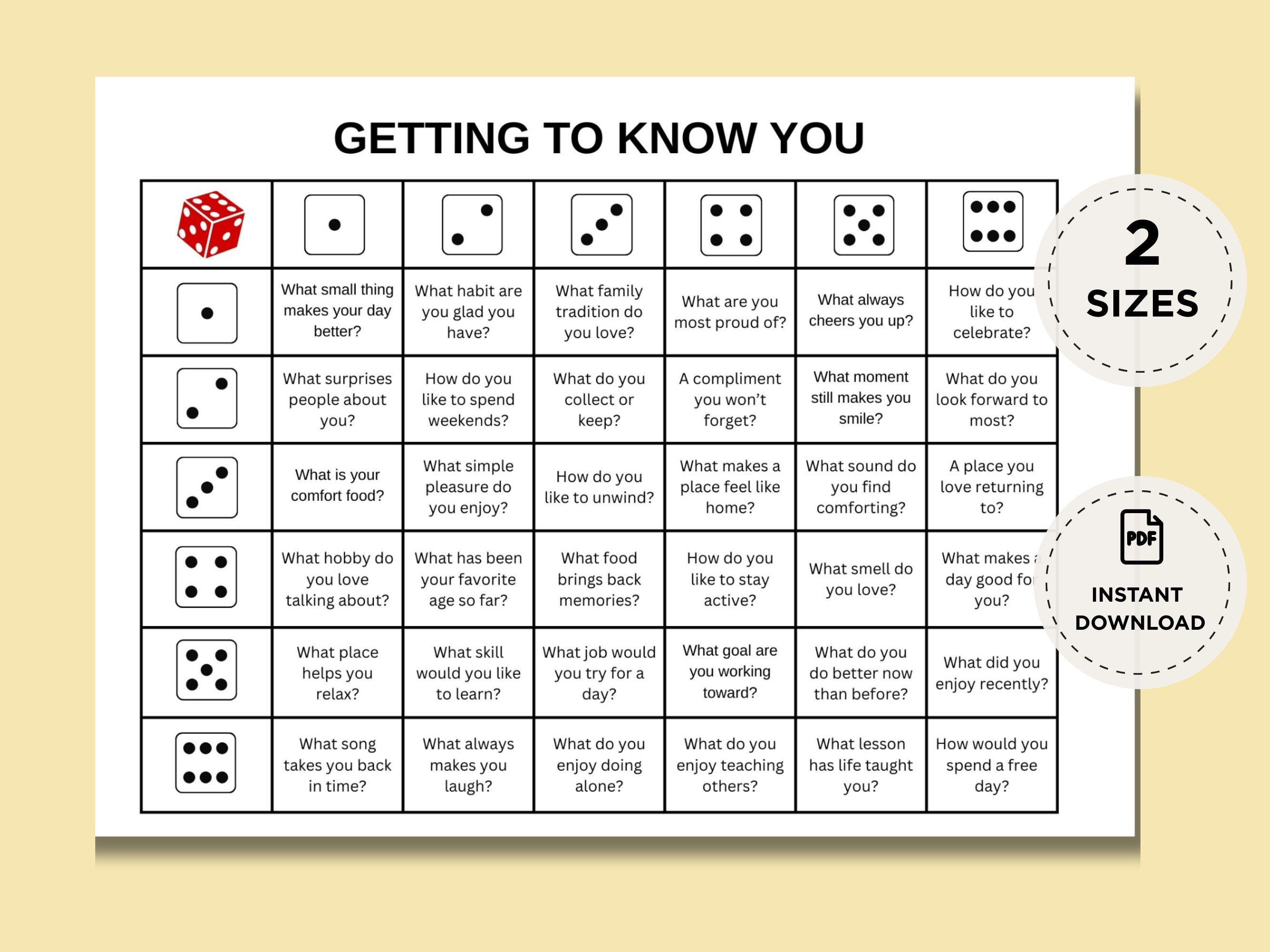 Tell Getting Dicebreaker Roll and Tell Getting to Know You Game, Icebreaker Party ...