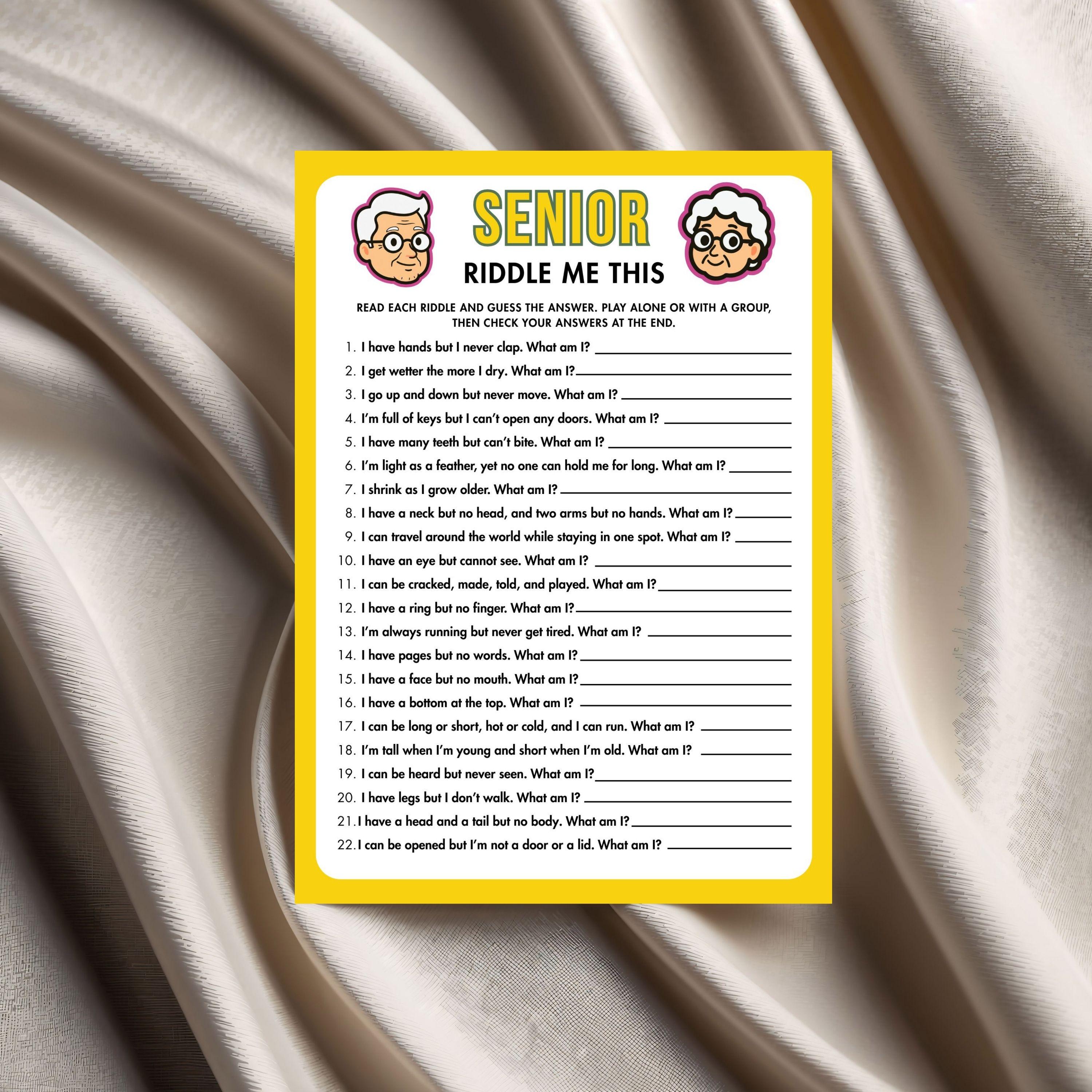 Senior Riddles Game, Printable Brain Teaser Game for Seniors, Fun ...