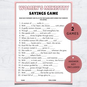 Może przedstawiać: Różowy i biały arkusz gry zatytułowany "Women's Ministry Sayings Game". Arkusz zawiera zdania do uzupełnienia i dwie okrągłe naklejki z napisem "2 Gry" i "Dołączony klucz odpowiedzi".