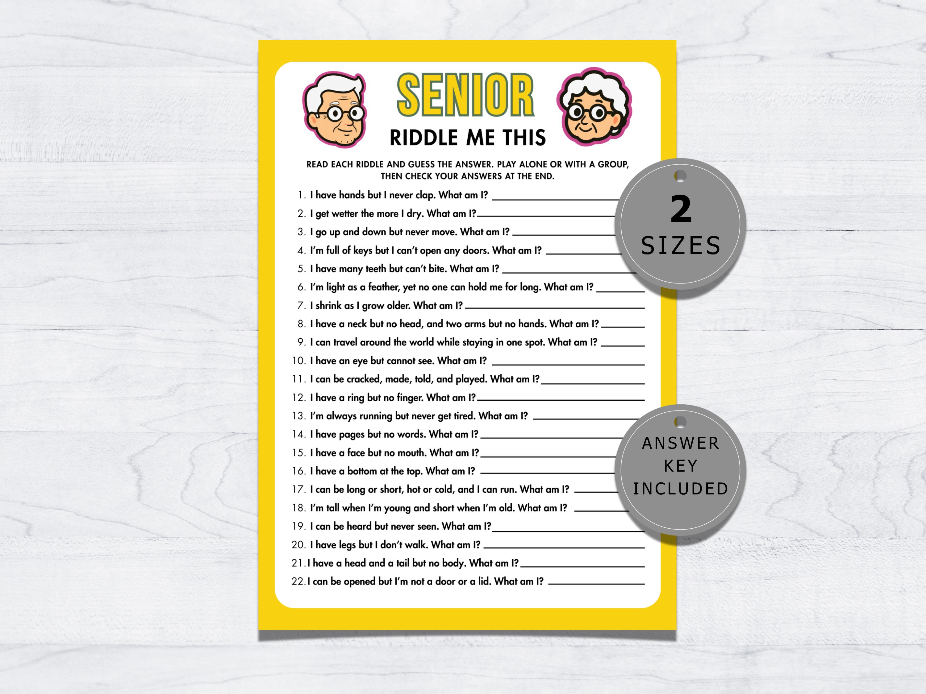 Senior Riddle Printabl Senior Riddles Game, Printable Brain Teaser Game for Seniors, Fun ...