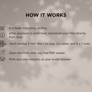 May include: A beige graphic with the text "HOW IT WORKS" and instructions for purchasing and using digital files from Etsy. The instructions include downloading files, opening PDFs, and printing for a bridal shower.