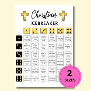 May include: A white Christian Icebreaker game with a dice theme. The game includes questions about faith and spirituality. The words "Christian Icebreaker" are at the top, with the number "2" and the word "SIZES" in a pink circle at the bottom.