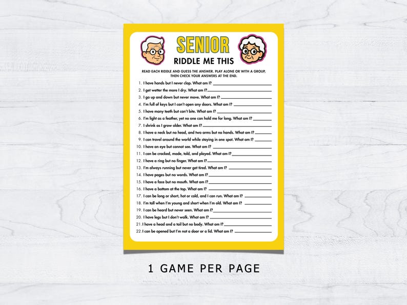 Senior Riddles Worksheet Printable Senior Riddles Game, Printable Brain Teaser Game for Seniors, Fun ...