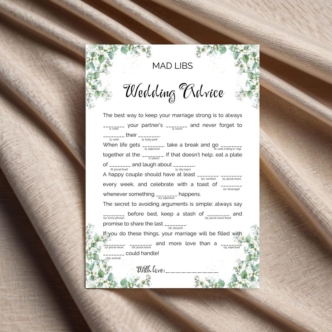 Sage Green Wedding Advice Mad Libs Printable | Greenery Bridal Shower ...