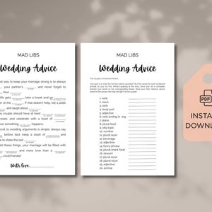 May include: Two Mad Libs wedding advice game printables. The left page has fill-in-the-blank sentences. The right page has a list of words to fill in the blanks. A pink PDF instant download tag is on the right.