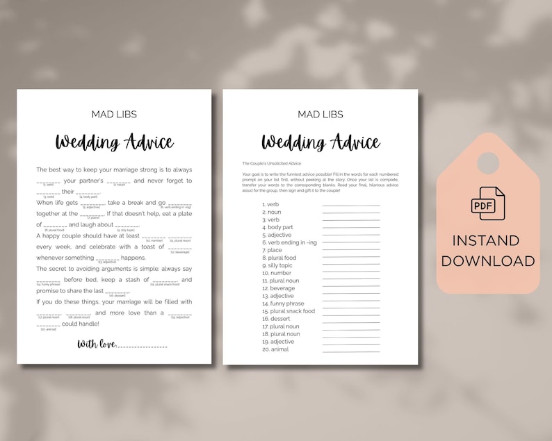 May include: Two Mad Libs wedding advice game printables. The left page has fill-in-the-blank sentences. The right page has a list of words to fill in the blanks. A pink PDF instant download tag is on the right.