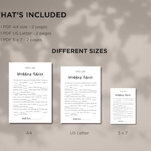May include: A beige digital print featuring three "Mad Libs: Wedding Advice" templates in different sizes: A4, US Letter, and 5x7. The text includes "What's Included" and "Different Sizes". Each template has fill-in-the-blank prompts and the words "With love."