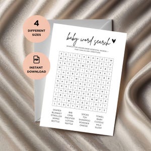 以下が含まれることがあります： 黒いハートとテキストが入った白いベビーワードサーチゲームカード。カードには、ワードサーチパズルとベビー関連の単語のリストが含まれています。カードは4つの異なるサイズで利用でき、インスタントPDFダウンロードです。