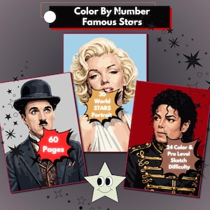 May include: A Color By Number Famous Stars activity book featuring portraits of Charlie Chaplin, Marilyn Monroe, and Michael Jackson. The cover includes text stating 60 Pages, 30 World STARS Portrait, and 24 Color & Pro Level Sketch Difficulty.