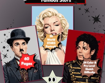 World Stars Mystery Color by Number, 30 Celebrity-Inspired Portrait Challenges (Digital Download PDF)
