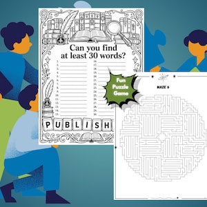 Op de afbeelding: Een zwart-wit activiteitenblad met een woordzoeker getiteld Can you find at least 30 words? met een veer, inktpot en boeken, naast een tweede blad Maze 6 met een cirkelvormig doolhof en een groen Fun Puzzle Game sterretje.