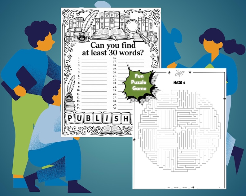 Op de afbeelding: Een zwart-wit activiteitenblad met een woordzoeker getiteld Can you find at least 30 words? met een veer, inktpot en boeken, naast een tweede blad Maze 6 met een cirkelvormig doolhof en een groen Fun Puzzle Game sterretje.