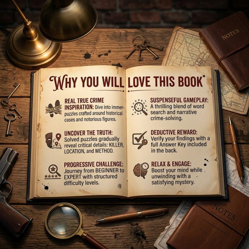 Pu&ograve; includere: Un libro aperto intitolato Why You Will Love This Book con testo che descrive le caratteristiche dei puzzle a tema criminale, tra cui Real True Crime Inspiration, Uncover The Truth, Progressive Challenge, Suspenseful Gameplay, Deductive Reward e Relax & Engage.