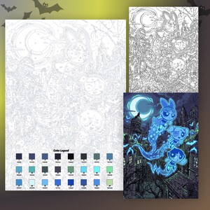 May include: A paint-by-number kit featuring a line art template of three cartoon characters flying over a city skyline at night, accompanied by a color legend with twenty-four numbered swatches and a finished reference image in shades of blue.