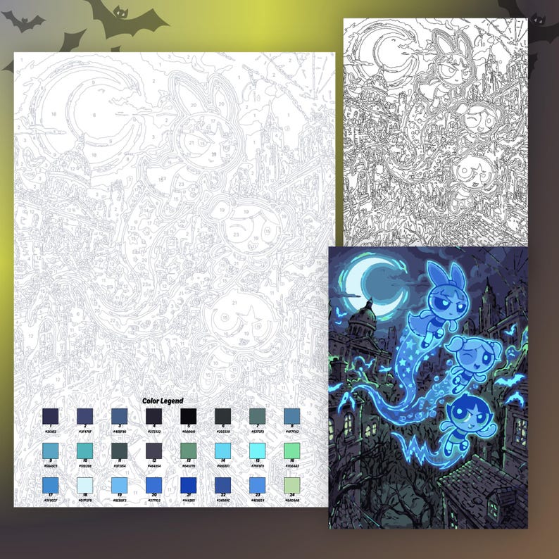 May include: A paint-by-number kit featuring a line art template of three cartoon characters flying over a city skyline at night, accompanied by a color legend with twenty-four numbered swatches and a finished reference image in shades of blue.