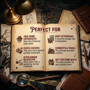 Pu&ograve; includere: Un libro aperto con pagine di carta invecchiata che presenta il testo PERFECT FOR, elencando sei categorie con icone tra cui un teschio, un cervello, una pipa, una poltrona, un treno e un pacco regalo, circondato da una lente d'ingrandimento, penne, chiavi e appunti.