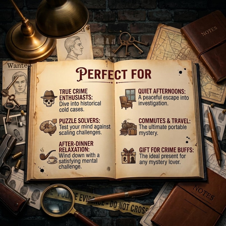 Pu&ograve; includere: Un libro aperto con pagine di carta invecchiata che presenta il testo PERFECT FOR, elencando sei categorie con icone tra cui un teschio, un cervello, una pipa, una poltrona, un treno e un pacco regalo, circondato da una lente d'ingrandimento, penne, chiavi e appunti.
