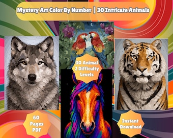 Libro de colorear animales misteriosos por números, 30 diseños intrincados, 24 colores, imprimible