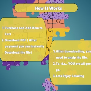 Op de afbeelding: Een informatieve afbeelding met de titel How It Works tegen een achtergrond van kleurrijke puzzelstukjes. Twee gele, afgeronde tekstvakken bevatten de instructies: 1. Purchase and Add item to Cart, 2. Download PDF, 1. After downloading, you need to unzip the file, 2. Ta-da... YOU are all good to go, 3. Lets Enjoy Coloring.