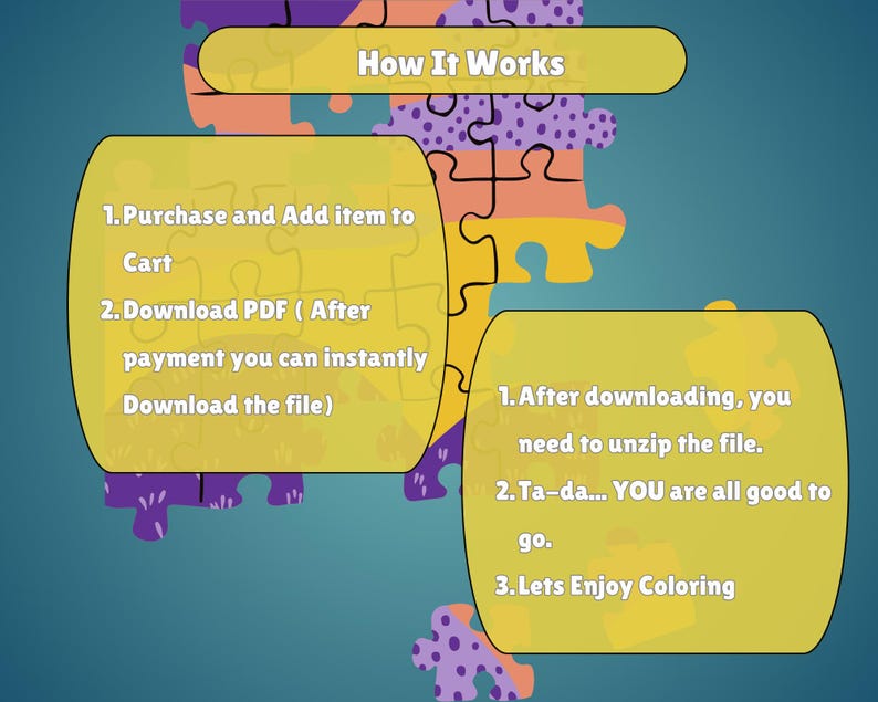 Op de afbeelding: Een informatieve afbeelding met de titel How It Works tegen een achtergrond van kleurrijke puzzelstukjes. Twee gele, afgeronde tekstvakken bevatten de instructies: 1. Purchase and Add item to Cart, 2. Download PDF, 1. After downloading, you need to unzip the file, 2. Ta-da... YOU are all good to go, 3. Lets Enjoy Coloring.