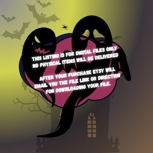 May include: A graphic illustration featuring two black ghost silhouettes against a circular pink background. The text reads: THIS LISTING IS FOR DIGITAL FILES ONLY NO PHYSICAL ITEMS WILL BE DELIVERED AFTER YOUR PURCHASE ETSY WILL EMAIL YOU THE FILE LINK OR DIRECTION FOR DOWNLOADING YOUR FILE.
