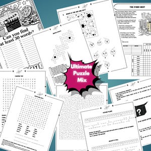 Op de afbeelding: Een verzameling zwart-wit activiteitenbladen met woordzoekers, kruiswoordpuzzels, logische puzzels en doolhoven. Een centrale roze sterfiguur bevat de tekst Ultimate Puzzle Mix, omringd door diverse bedrukte pagina's met illustraties en tekst.